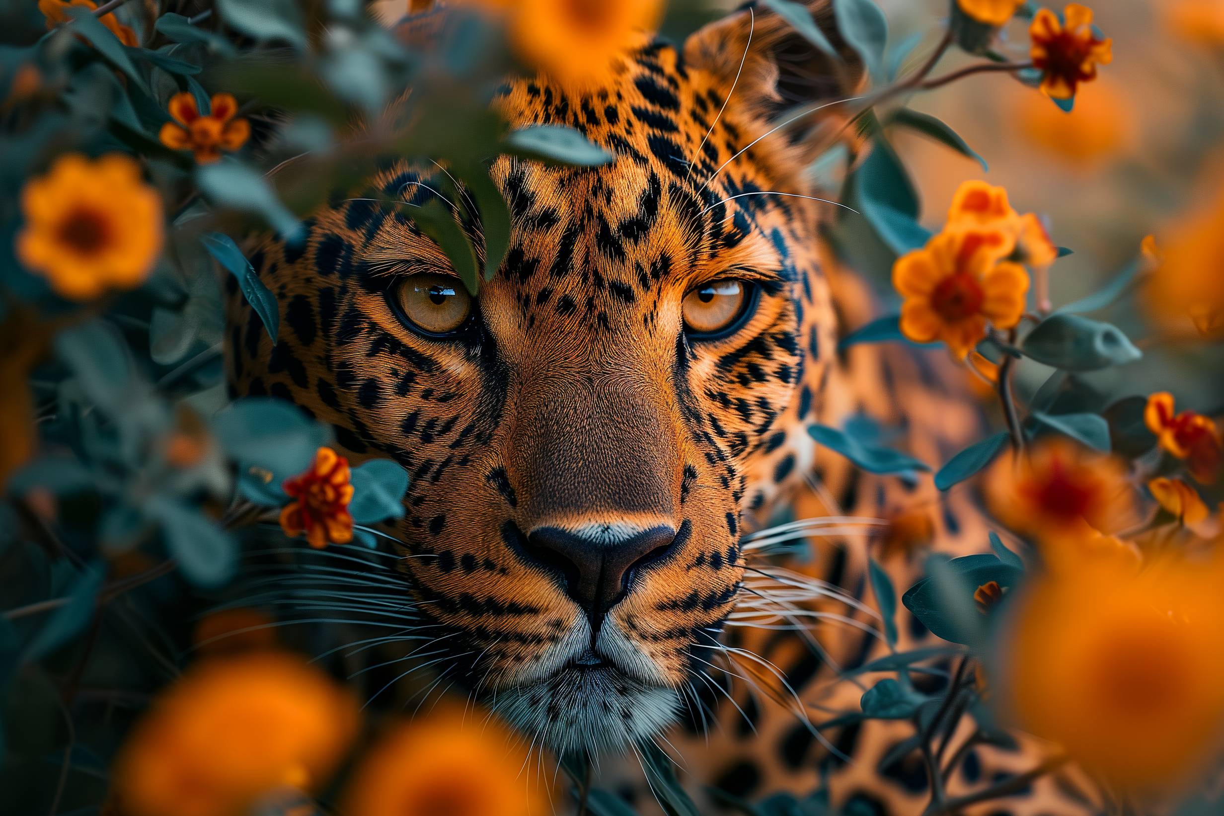 Glasschilderij - Exclusive - Liggend - Panter met Bloemen Sara 150x100x0.4 cm