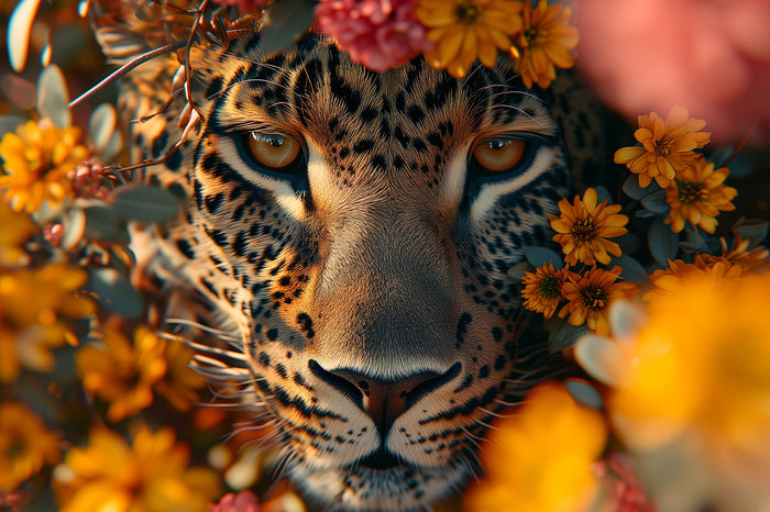 Glasschilderij - Exclusive - Liggend - Florale Camouflage Panter