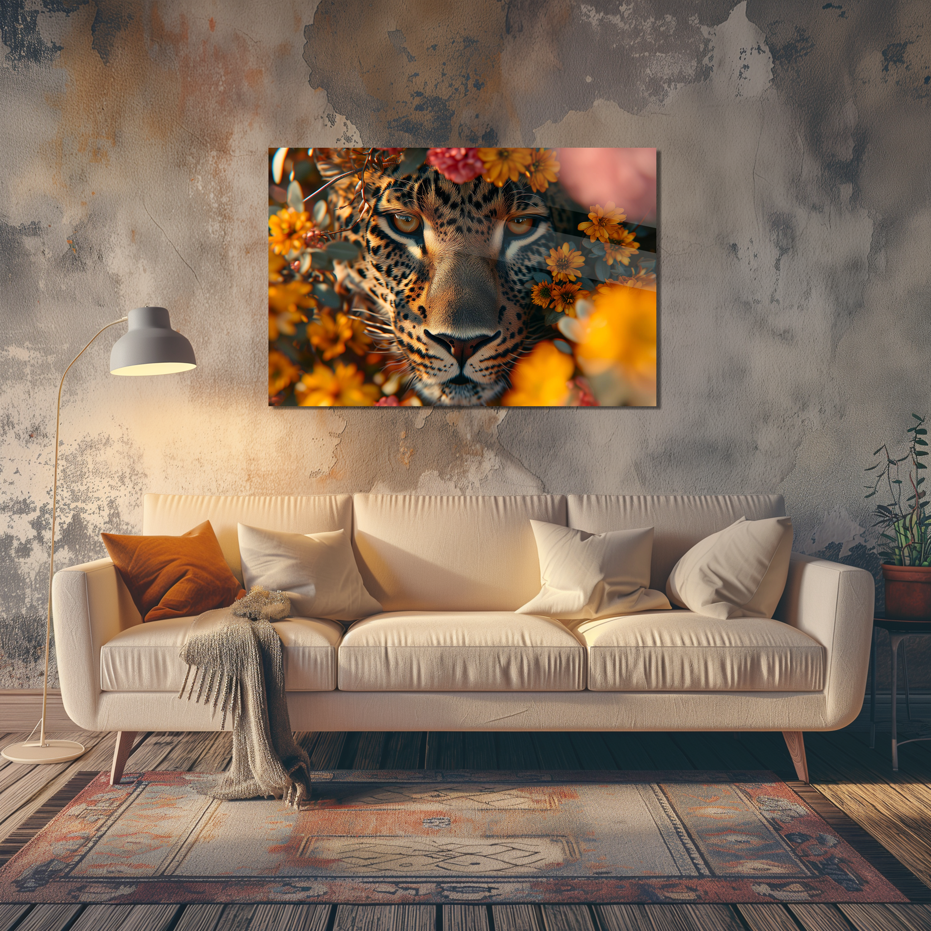 Glasschilderij - Exclusive - Liggend - Florale Camouflage Panter