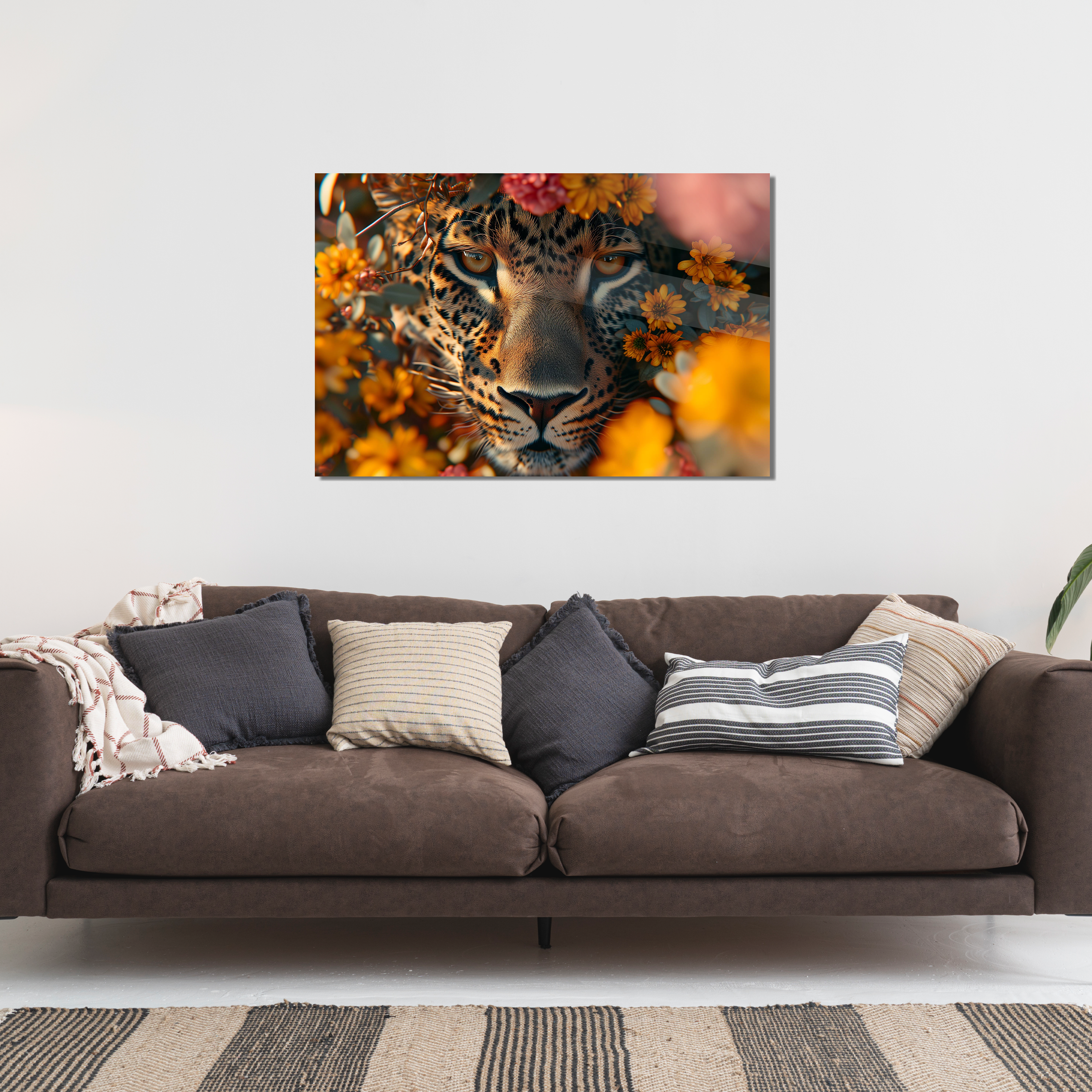 Glasschilderij - Exclusive - Liggend - Florale Camouflage Panter