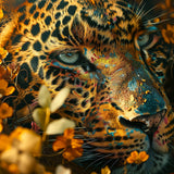 Glasschilderij - Exclusive - Liggend - Luipaard Wildbloemen 150x100x0.4 cm