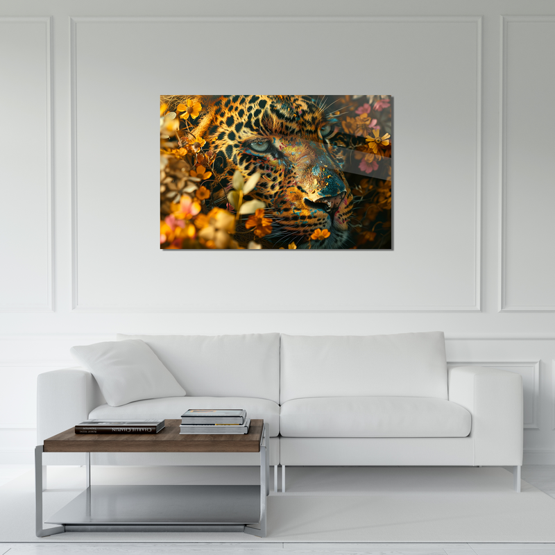 Glasschilderij - Exclusive - Liggend - Luipaard Wildbloemen