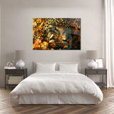 Glasschilderij - Exclusive - Liggend - Luipaard Wildbloemen