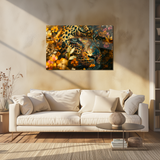 Glasschilderij - Exclusive - Liggend - Luipaard Wildbloemen