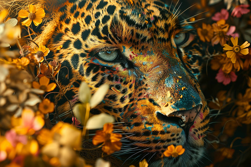 Glasschilderij - Exclusive - Liggend - Luipaard Wildbloemen