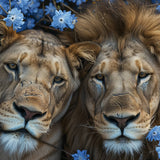 Glasschilderij - Exclusive - Liggend - Safari Bloesem Leeuwenliefde 150x100x0.4 cm