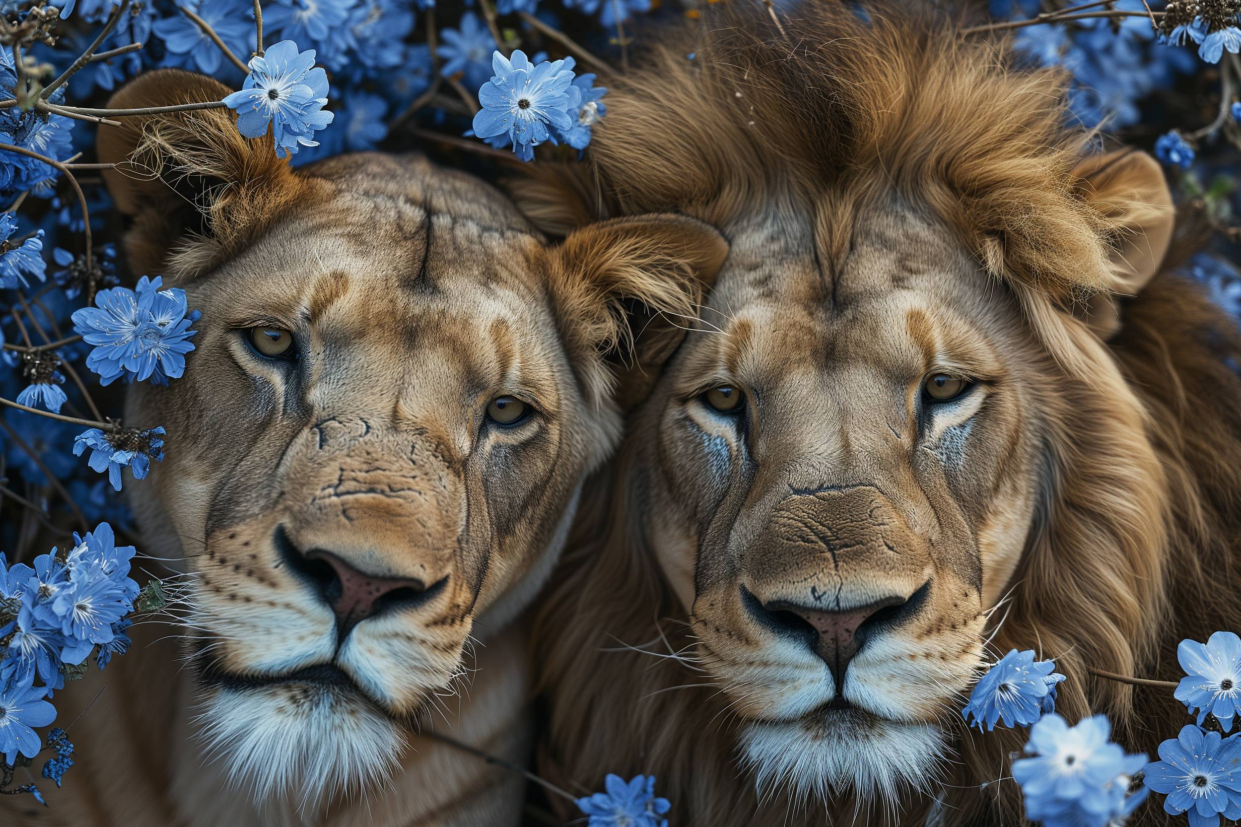 Glasschilderij - Exclusive - Liggend - Safari Bloesem Leeuwenliefde 150x100x0.4 cm