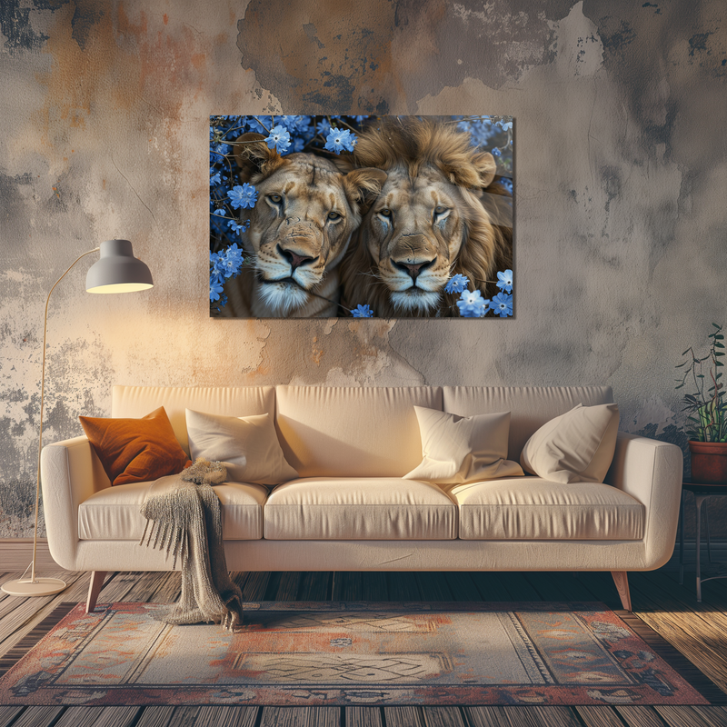 Glasschilderij - Exclusive - Liggend - Safari Bloesem Leeuwenliefde