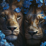 Glasschilderij - Exclusive - Liggend - Leeuwen Liefde Blauwe Bloemen 150x100x0.4 cm