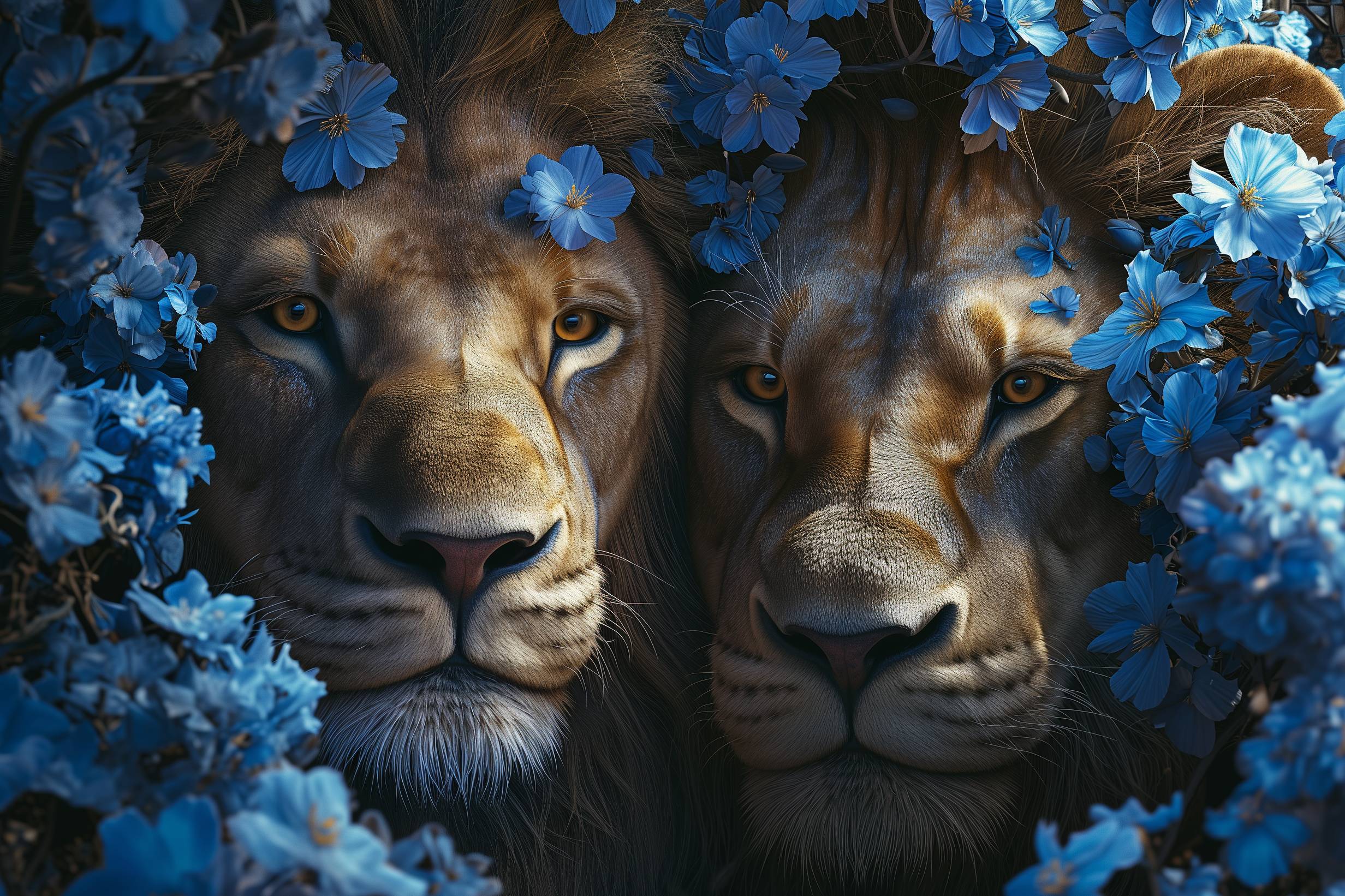 Glasschilderij - Exclusive - Liggend - Leeuwen Liefde Blauwe Bloemen 150x100x0.4 cm