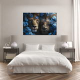 Glasschilderij - Exclusive - Liggend - Leeuwen Liefde Blauwe Bloemen