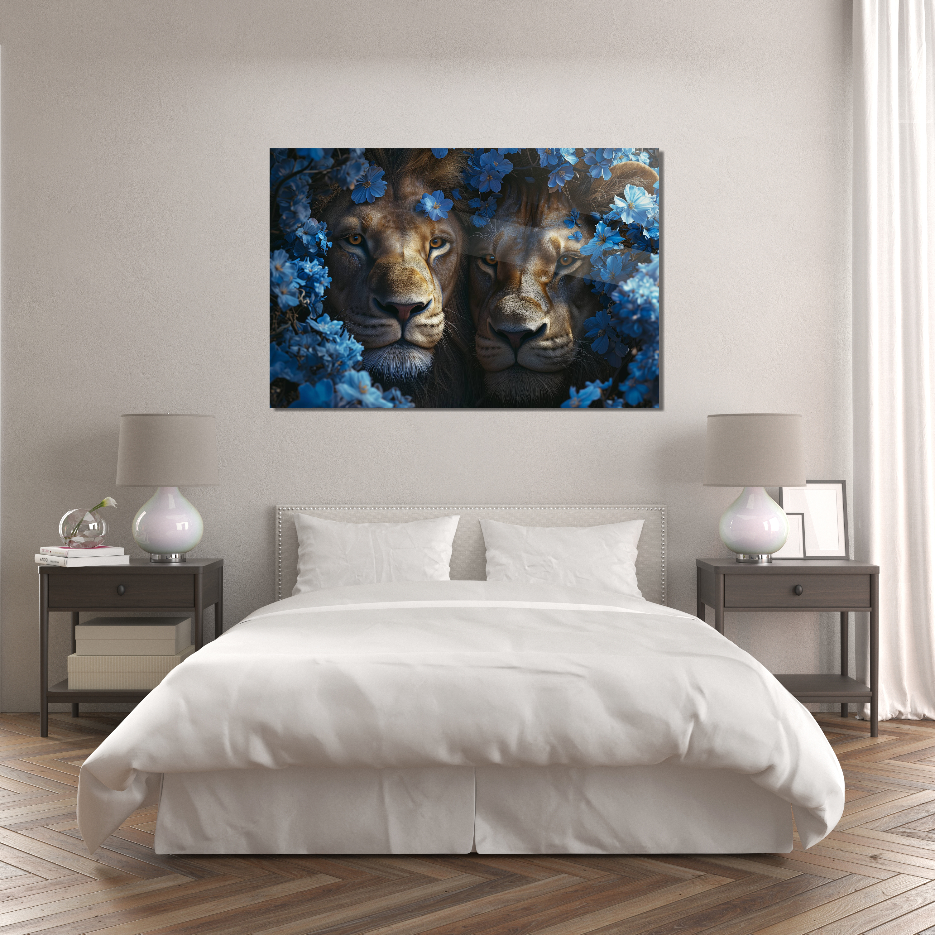 Glasschilderij - Exclusive - Liggend - Leeuwen Liefde Blauwe Bloemen