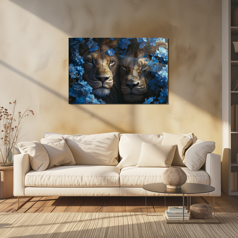 Glasschilderij - Exclusive - Liggend - Leeuwen Liefde Blauwe Bloemen