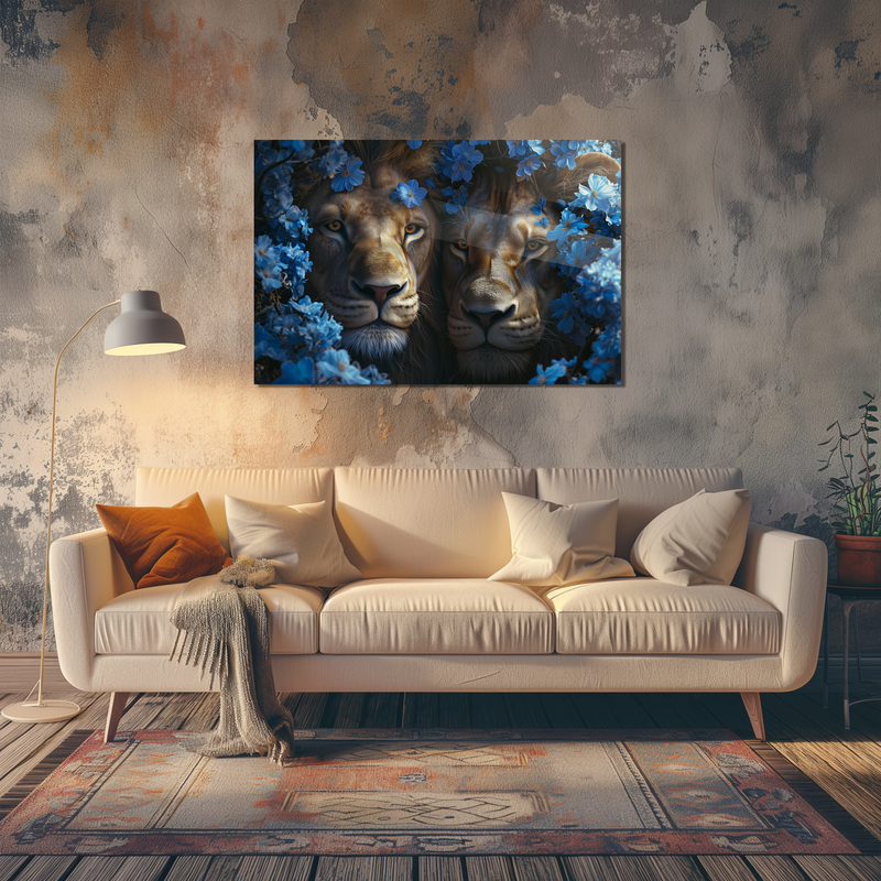 Glasschilderij - Exclusive - Liggend - Leeuwen Liefde Blauwe Bloemen