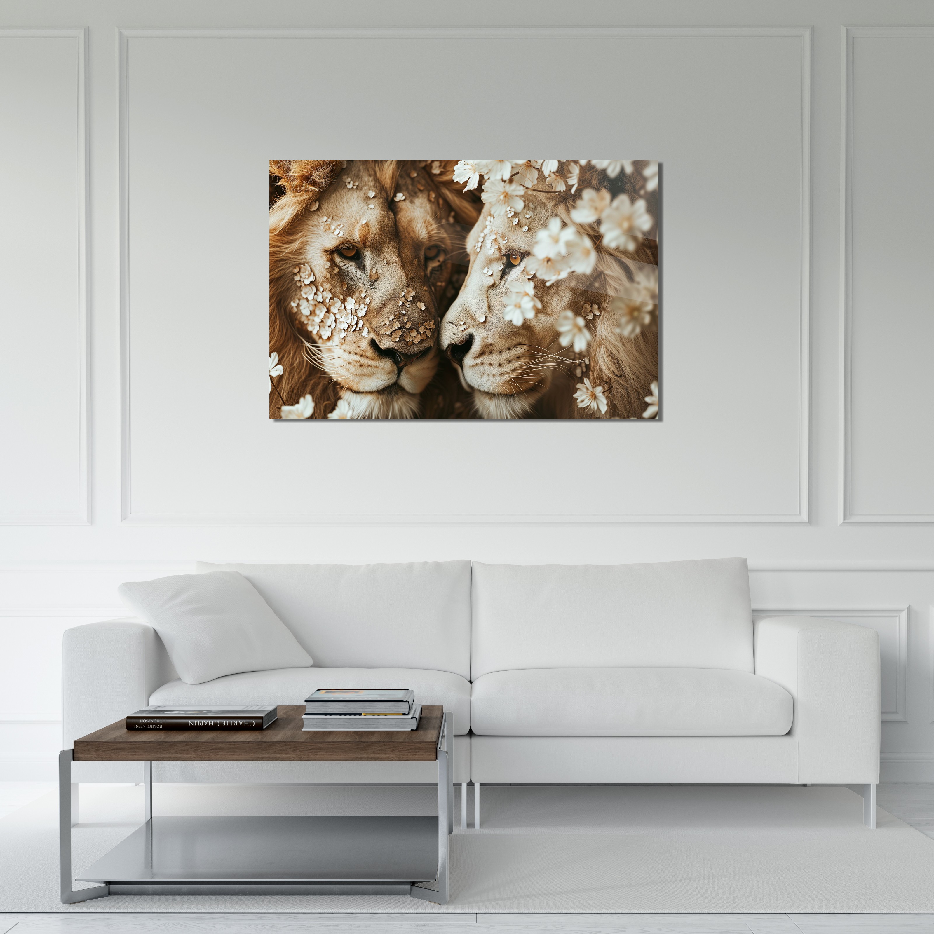 Glasschilderij - Exclusive - Liggend - Leeuwenliefde Juwelentuin