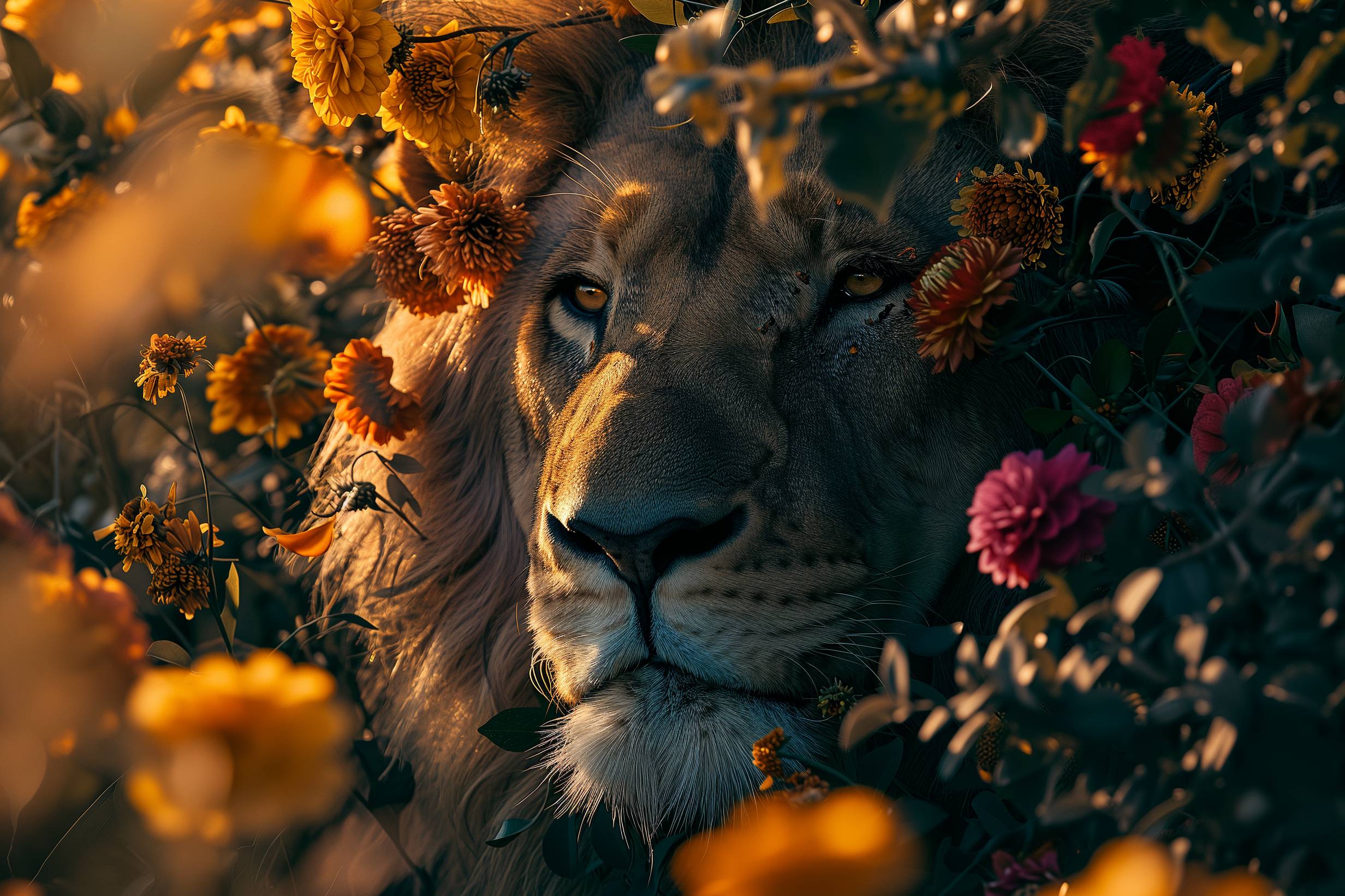 Glasschilderij - Exclusive - Liggend - De Bloemenkoning Leeuw 150x100x0.4 cm