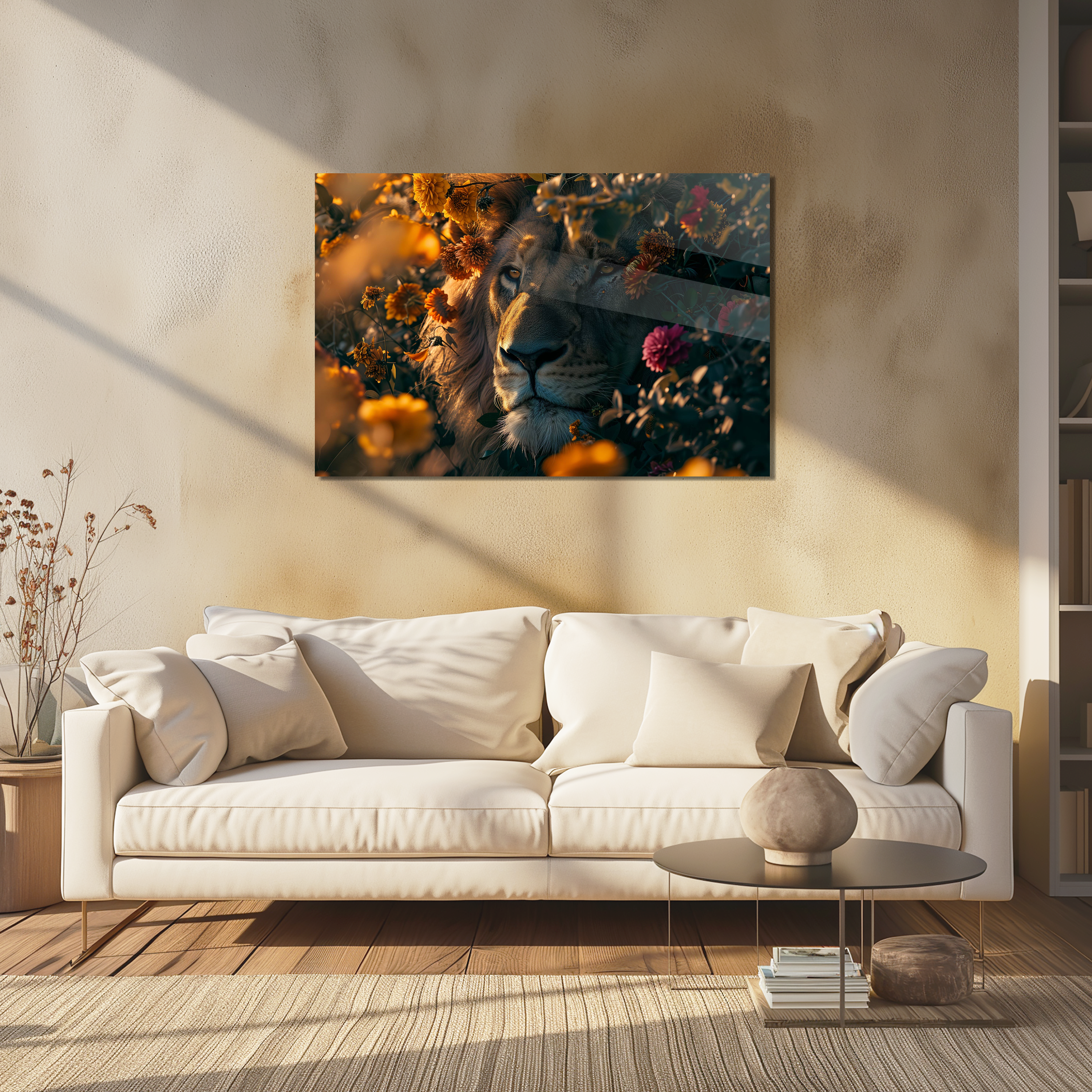 Glasschilderij - Exclusive - Liggend - De Bloemenkoning Leeuw