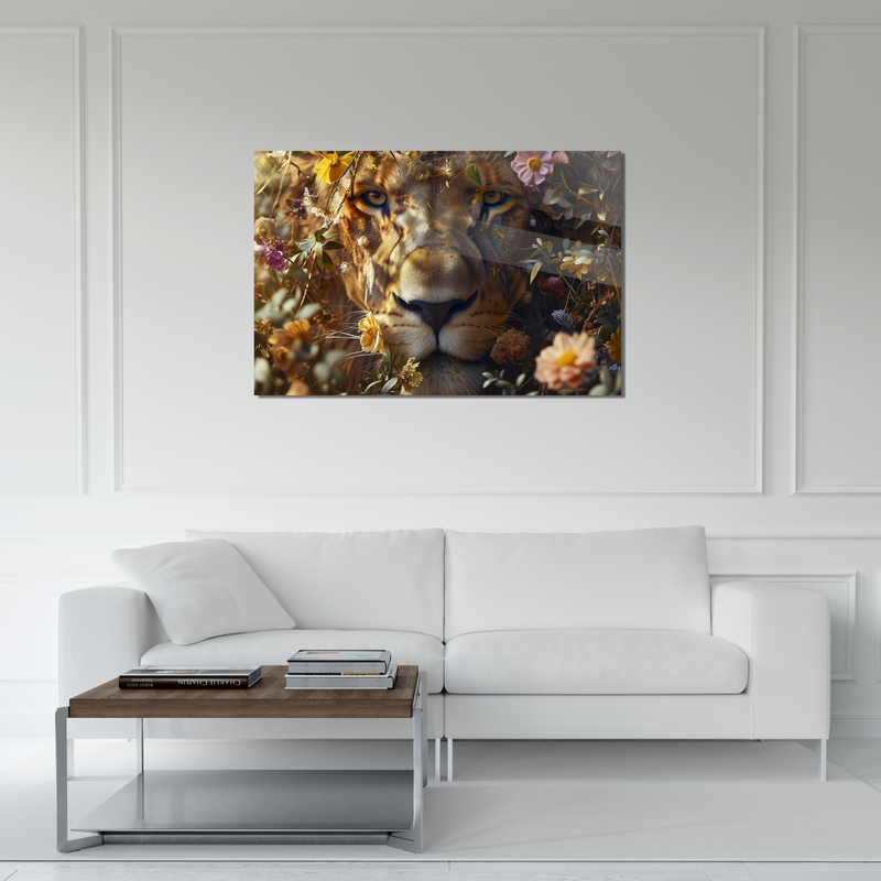 Glasschilderij - Exclusive - Liggend - De Zonnekoning Leeuw