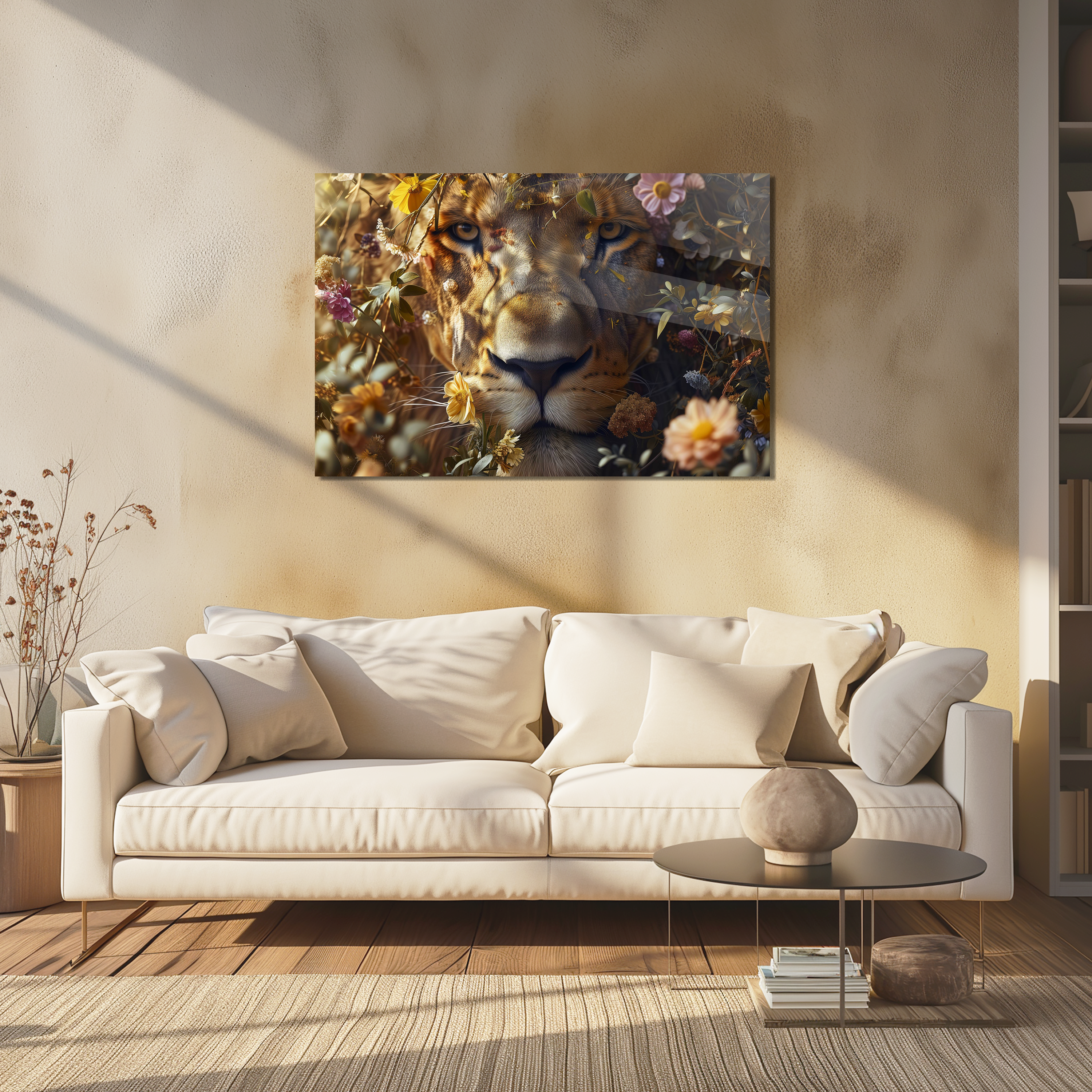 Glasschilderij - Exclusive - Liggend - De Zonnekoning Leeuw