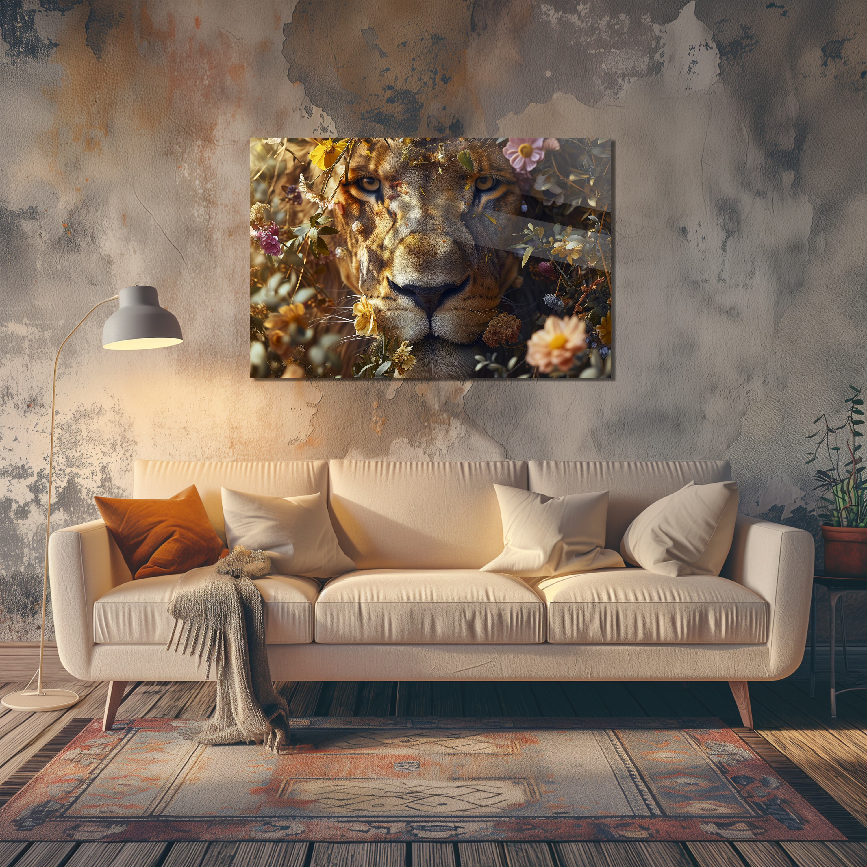 Glasschilderij - Exclusive - Liggend - De Zonnekoning Leeuw