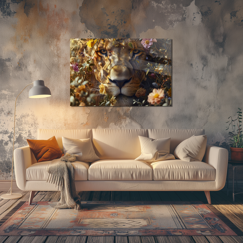 Glasschilderij - Exclusive - Liggend - De Zonnekoning Leeuw