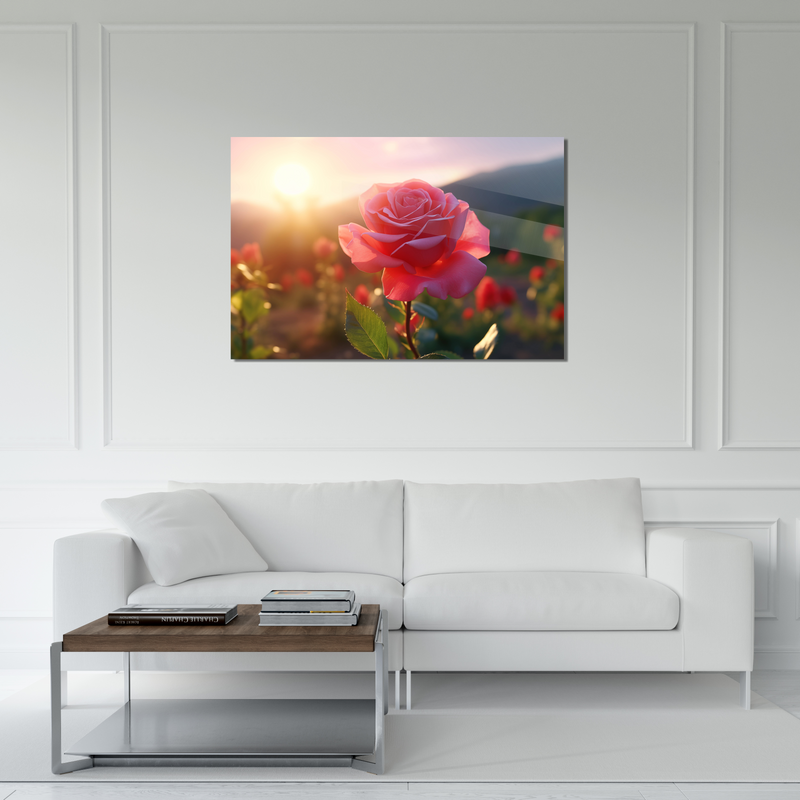 Glasschilderij - Exclusive - Liggend - Roze Roos Flora
