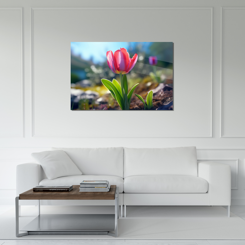 Glasschilderij - Exclusive - Liggend - Roze Tulp Bloemen