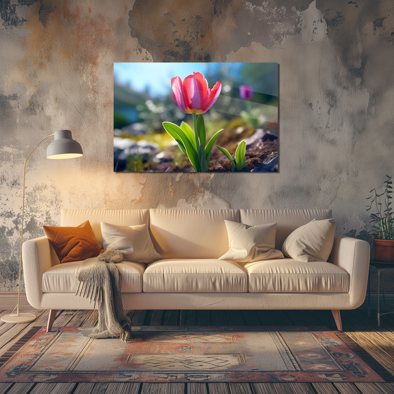 Glasschilderij - Exclusive - Liggend - Roze Tulp Bloemen
