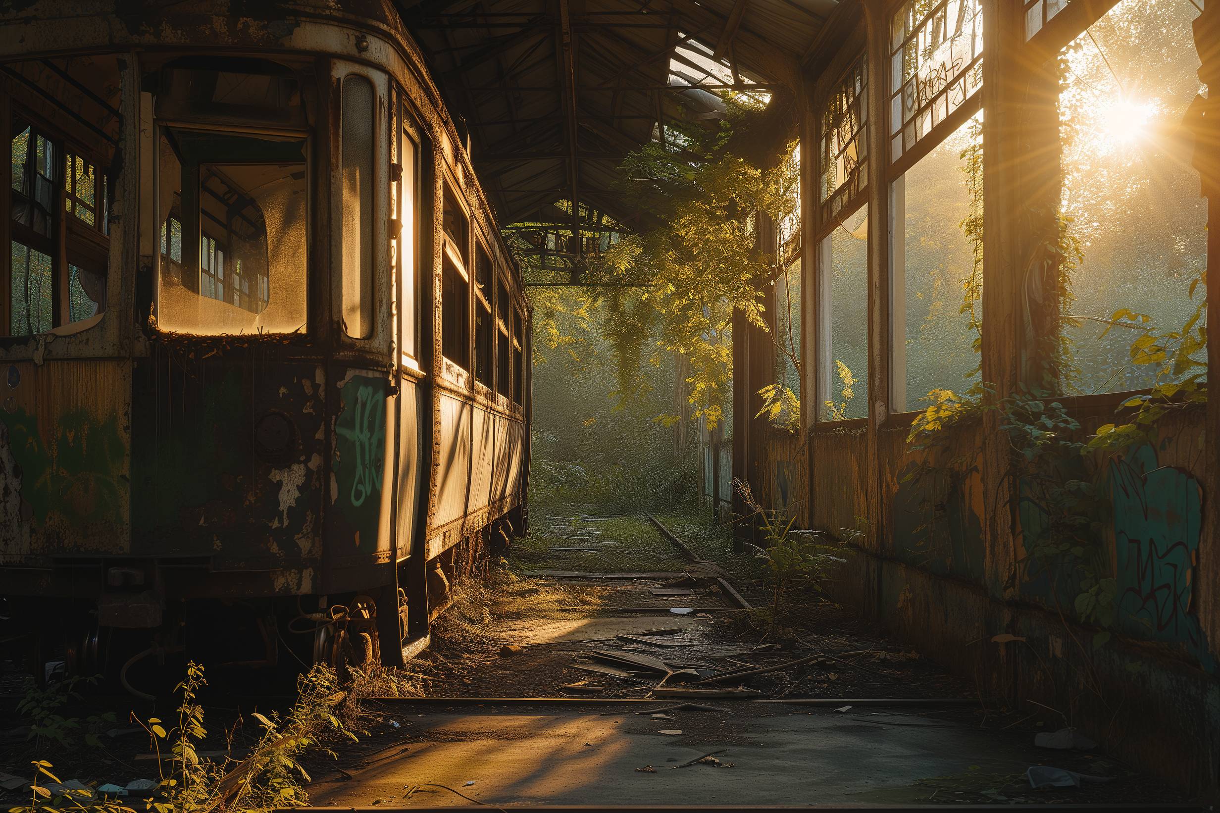 Glasschilderij - Exclusive - Liggend - Urbex Verlaten Tram 150x100x0.4 cm