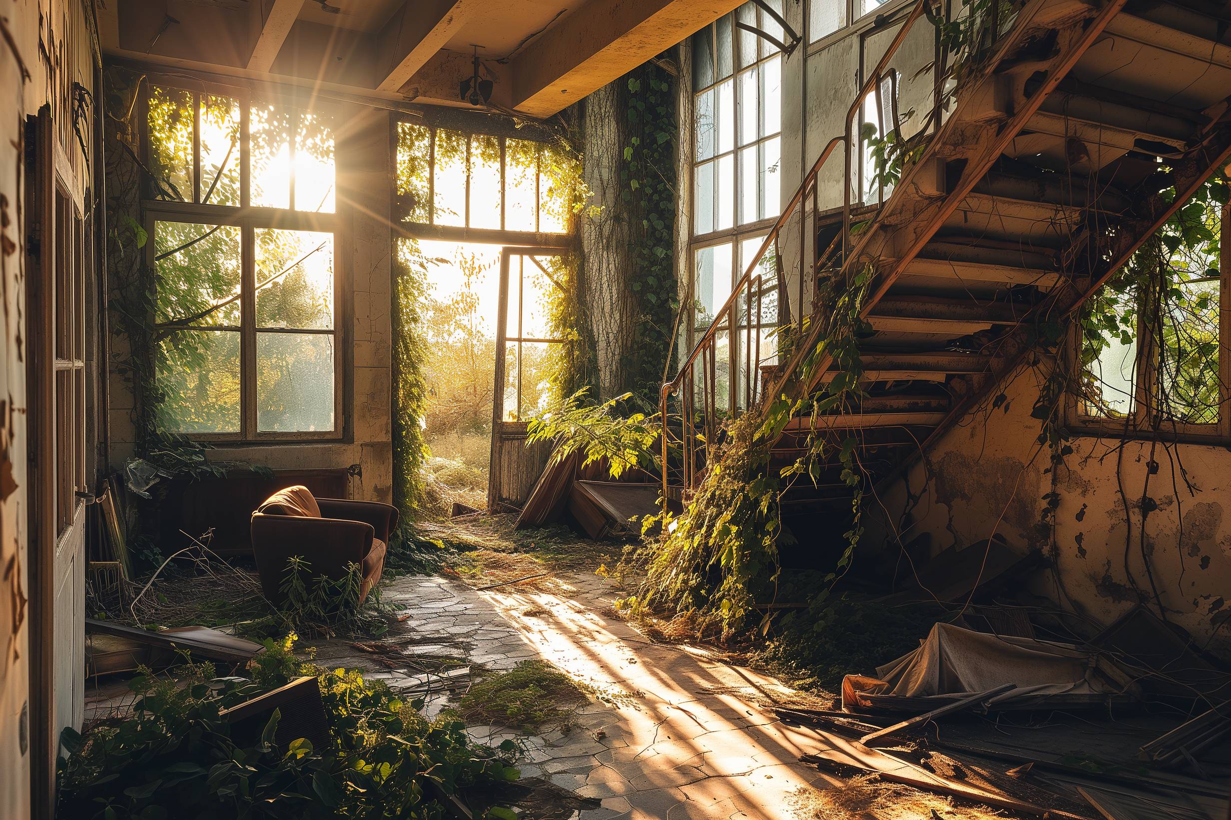 Glasschilderij - Exclusive - Liggend - Fluisterstad Urbex 150x100x0.4 cm