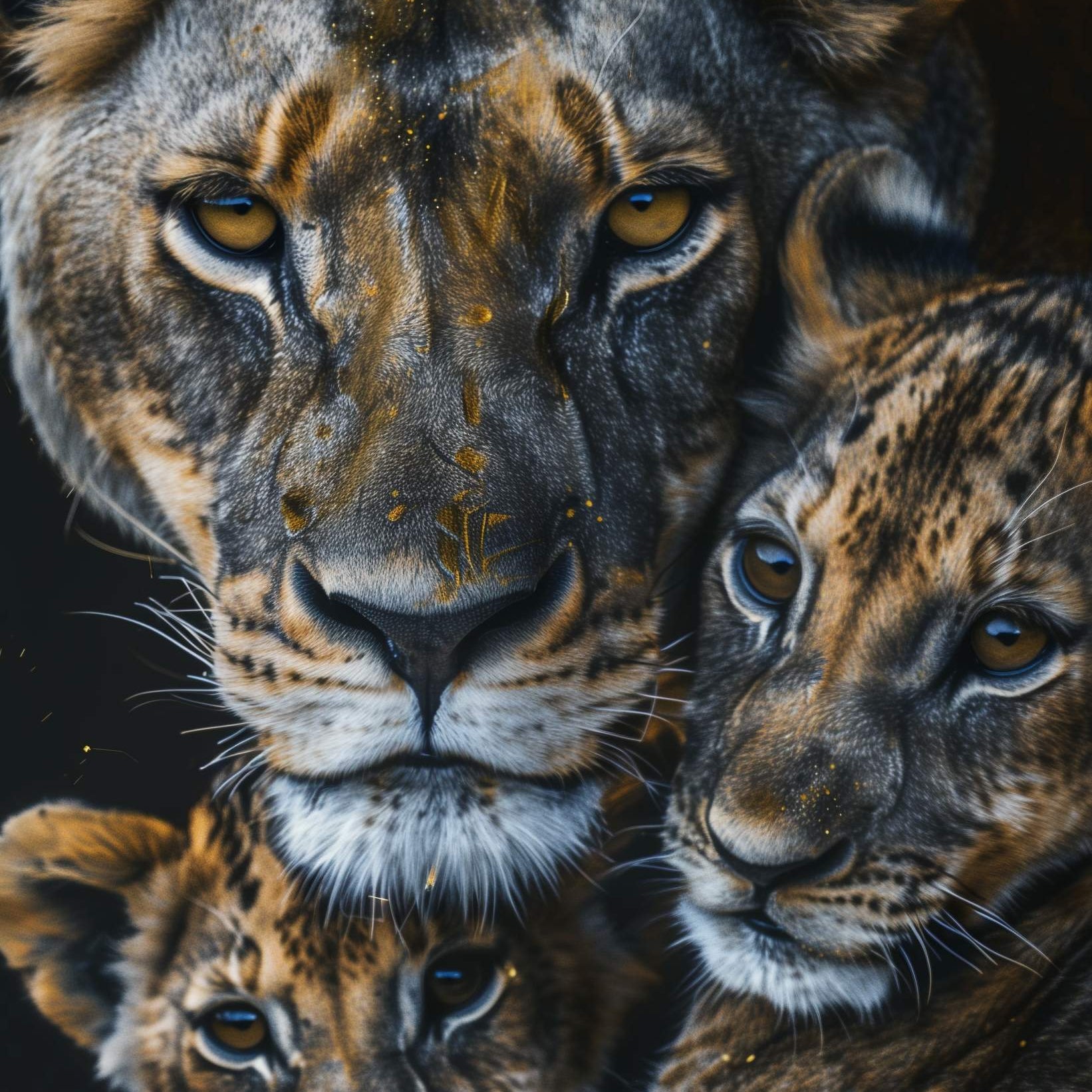 Glasschilderij - Exclusive - Staand - Leeuwenfamilie Moeder 2 Welpjes Lisa 100x150x0.4 cm