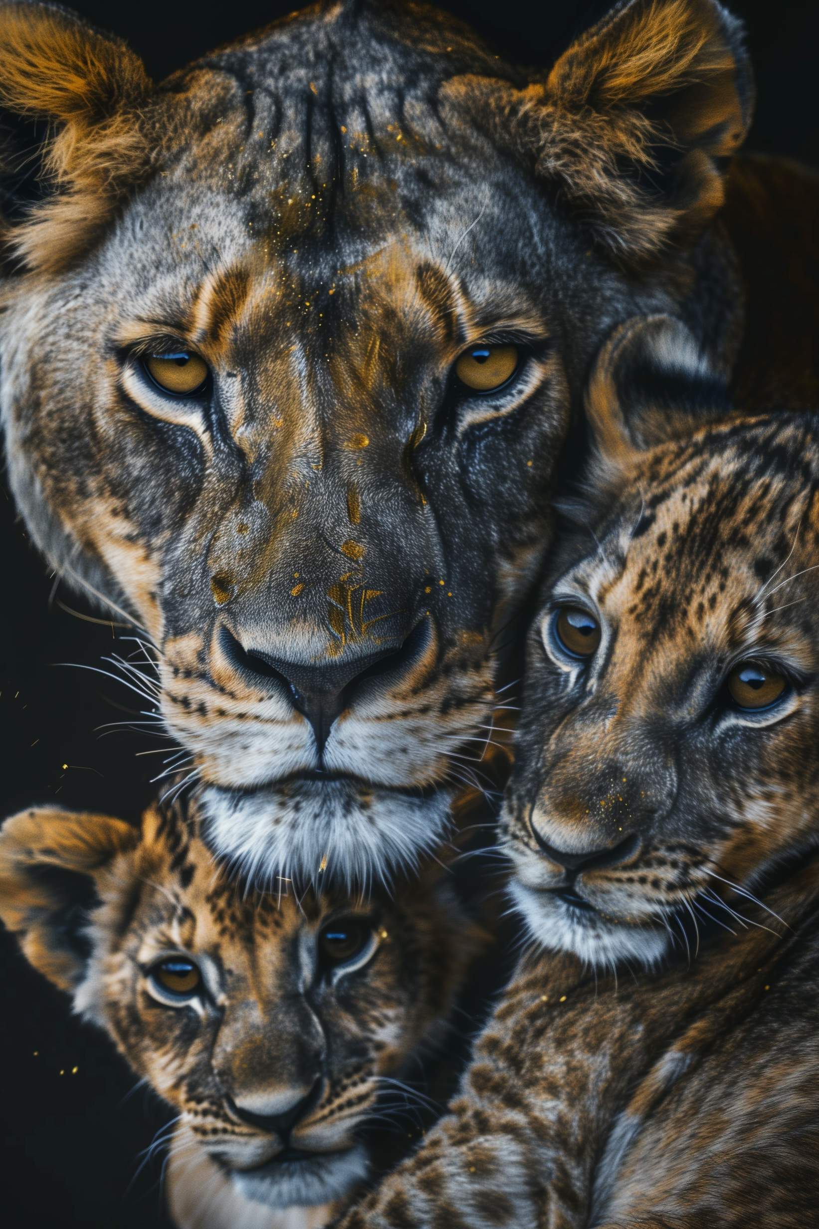 Glasschilderij - Exclusive - Staand - Leeuwenfamilie Moeder 2 Welpjes Lisa 100x150x0.4 cm