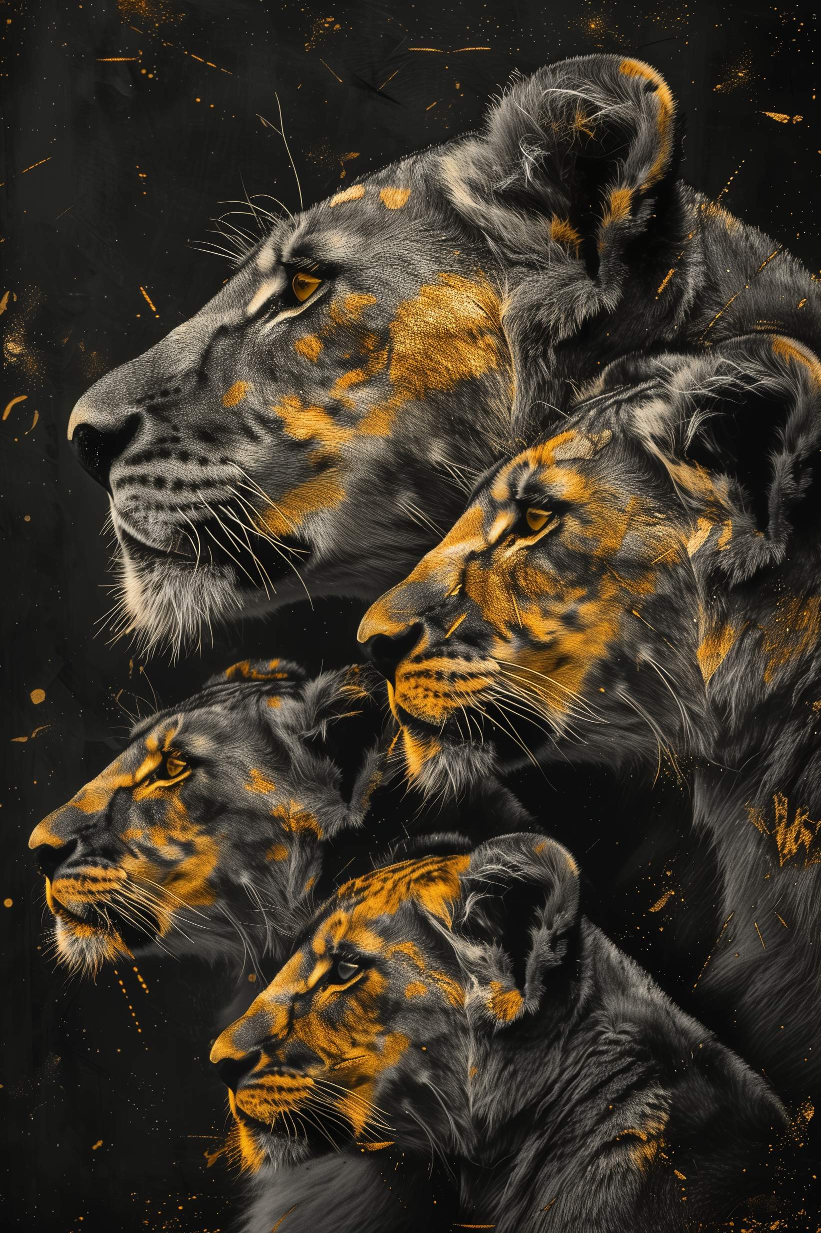 Glasschilderij - Exclusive - Staand - Leeuwenfamilie Moeder 3 Welpjes Vera - Gouden Eeuw Serie 100x150x0.4 cm