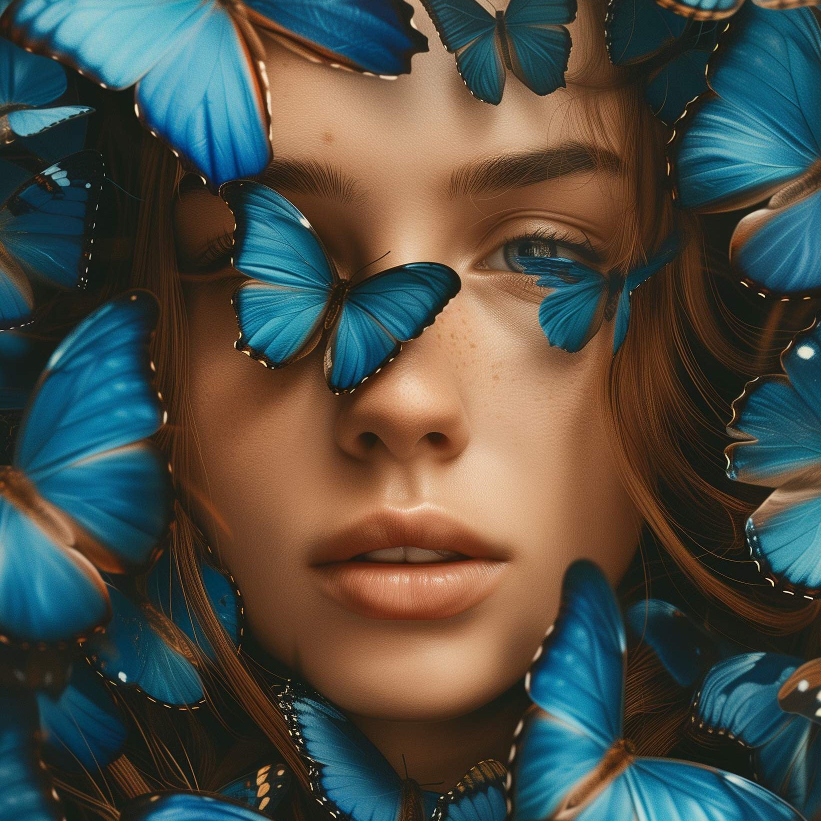 Glasschilderij - Exclusive - Staand - Vrouw met Blauwe Vlinders Naomi 100x150x0.4 cm