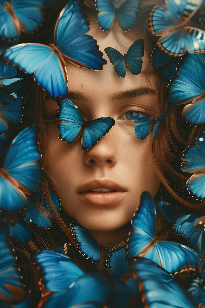 Glasschilderij - Exclusive - Staand - Vrouw met Blauwe Vlinders Naomi