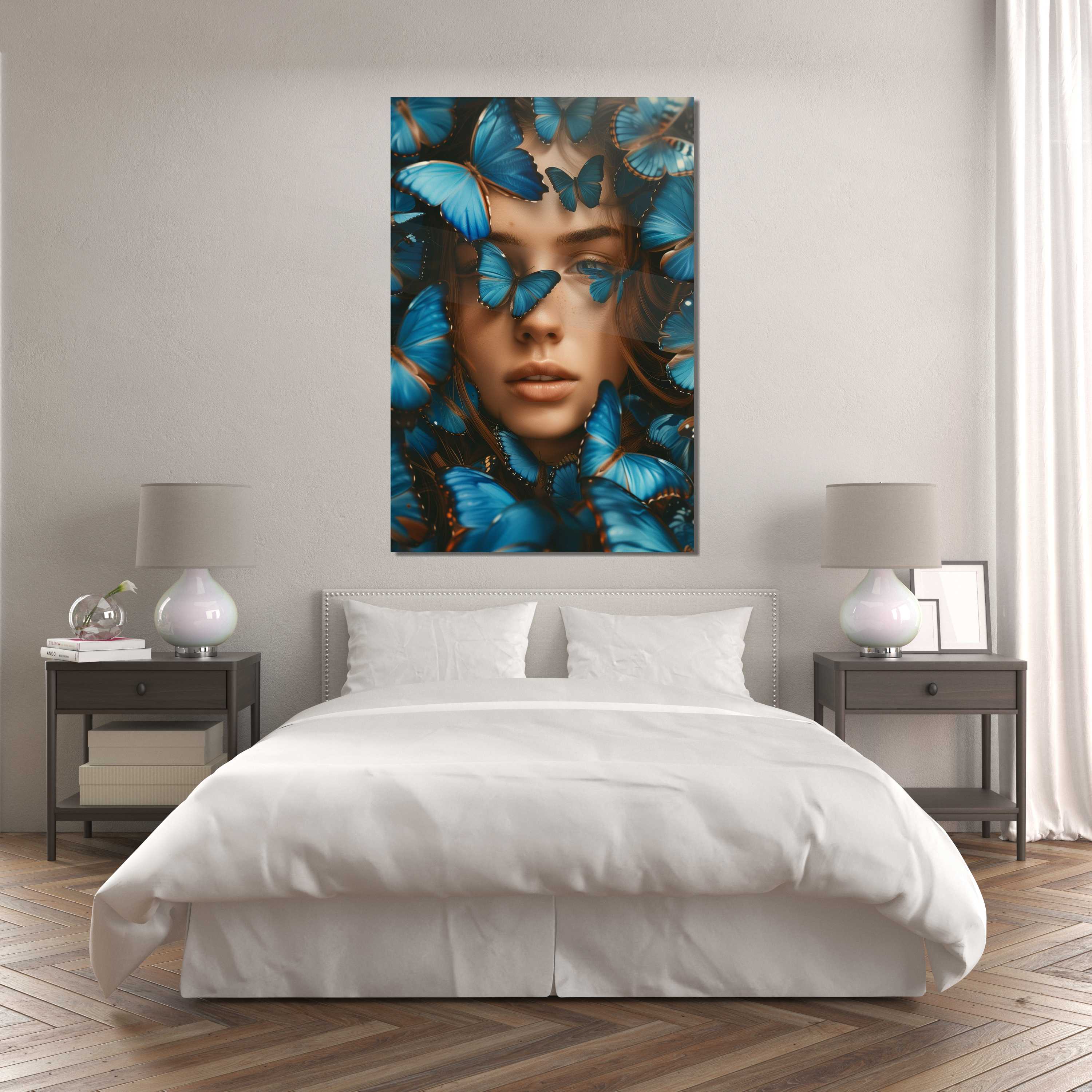 Glasschilderij - Exclusive - Staand - Vrouw met Blauwe Vlinders Naomi