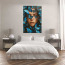 Glasschilderij - Exclusive - Staand - Vrouw met Blauwe Vlinders Naomi