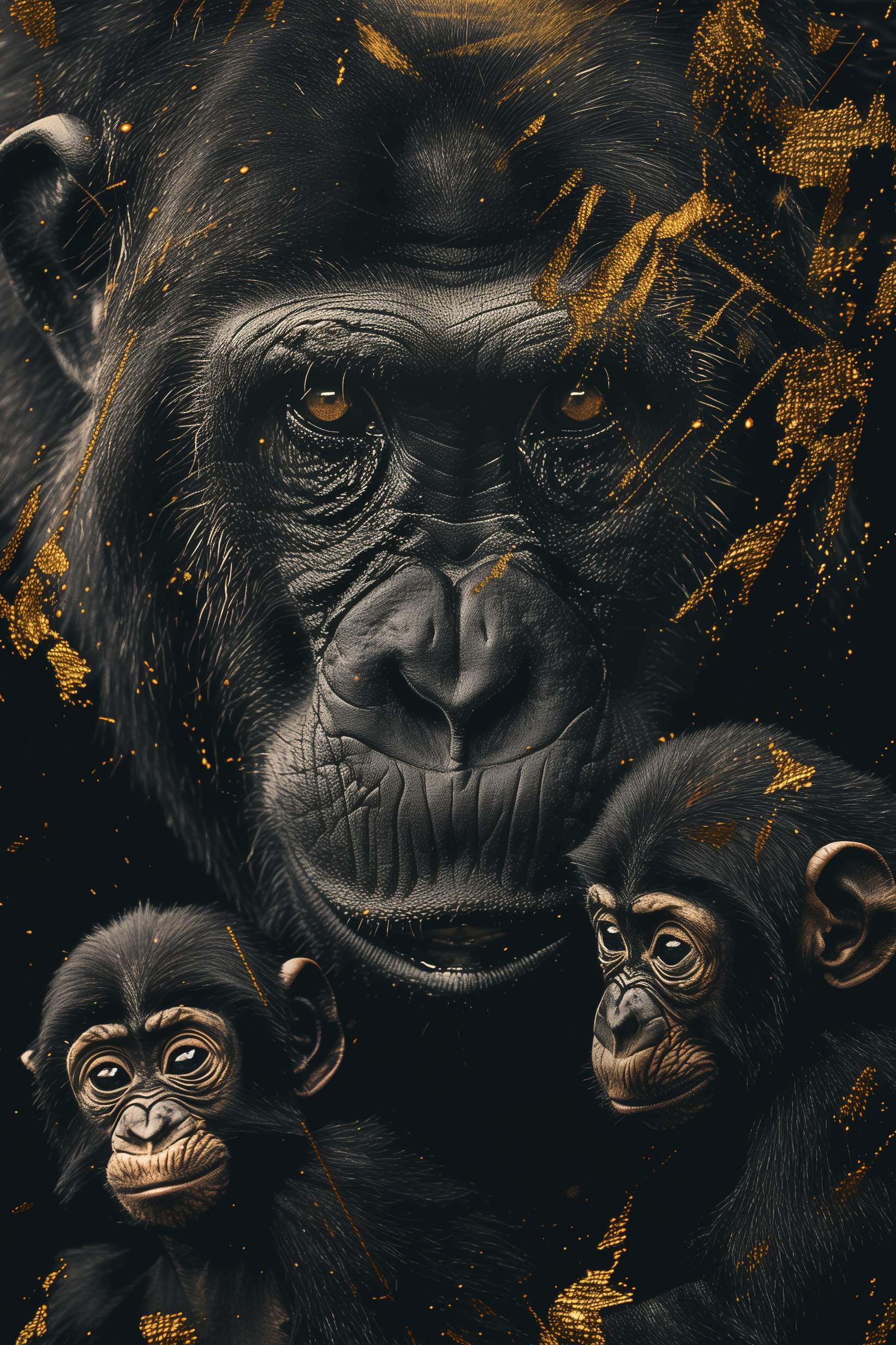 Glasschilderij - Exclusive - Staand - Apenfamilie 2 Aapjes De Stam - Gouden Eeuw Serie 100x150x0.4 cm