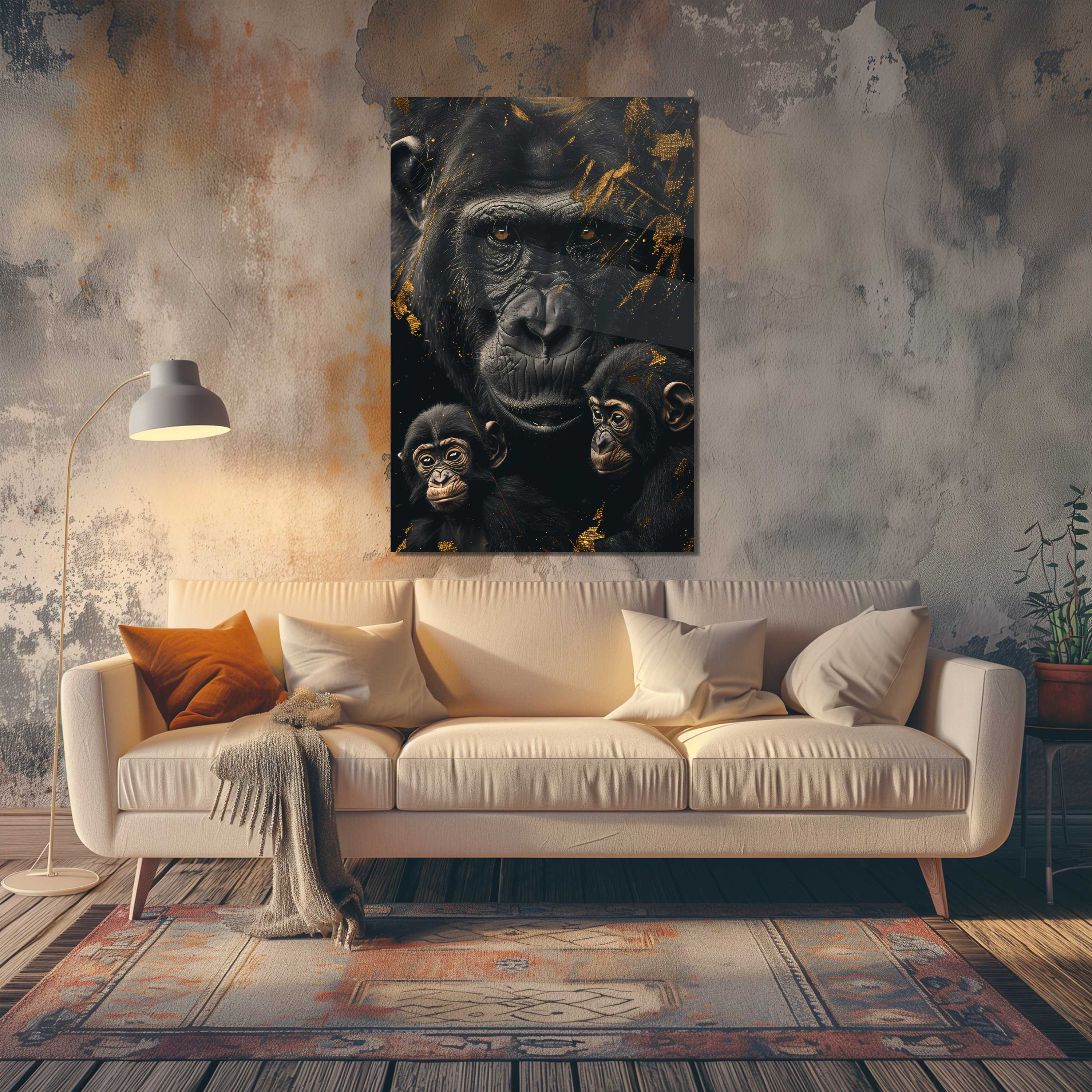 Glasschilderij - Exclusive - Staand - Apenfamilie 2 Aapjes De Stam - Gouden Eeuw Serie