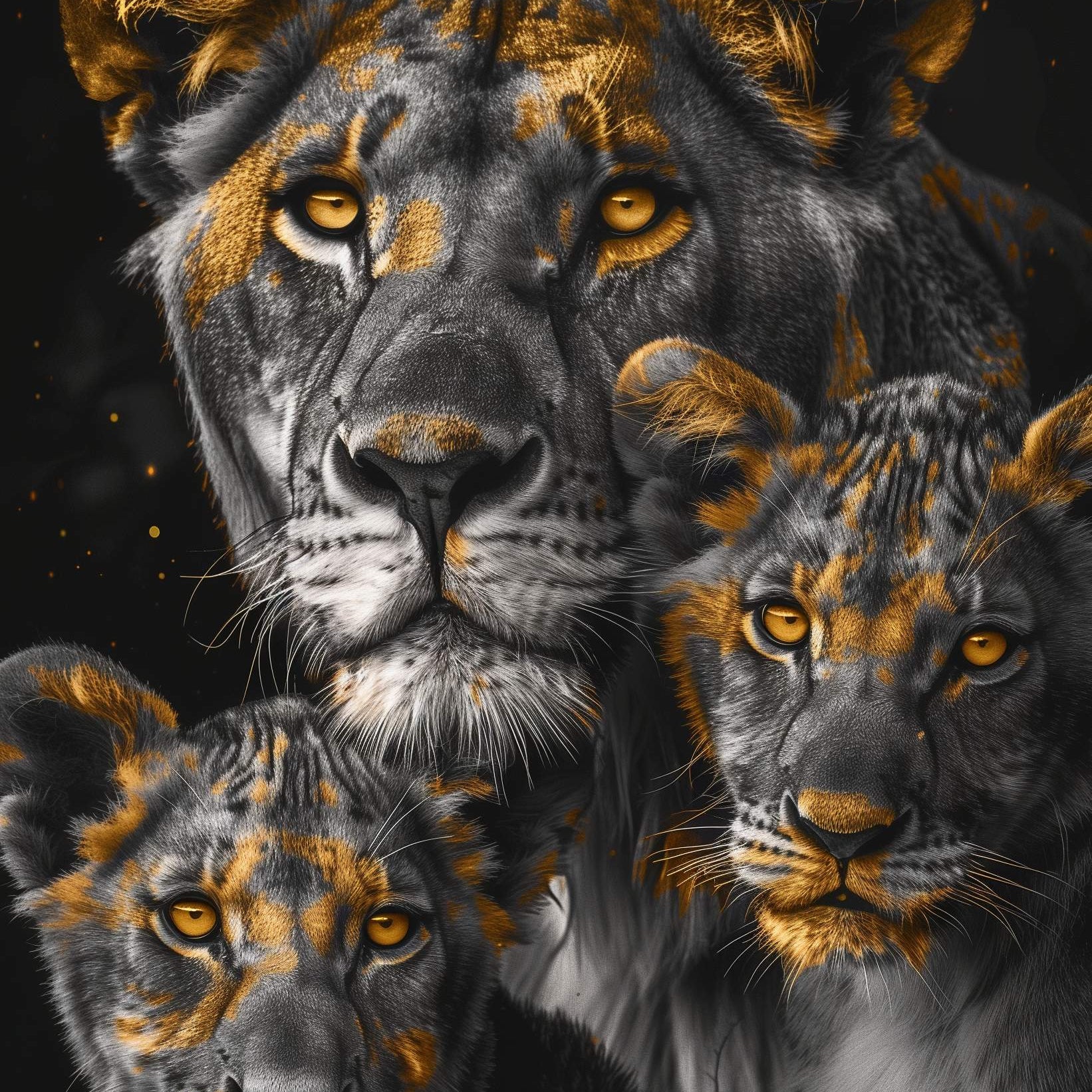 Glasschilderij - Exclusive - Staand - Leeuwenfamilie Moeder en 2 Welpjes Leeuwenhart - Gouden Eeuw Serie 100x150x0.4 cm