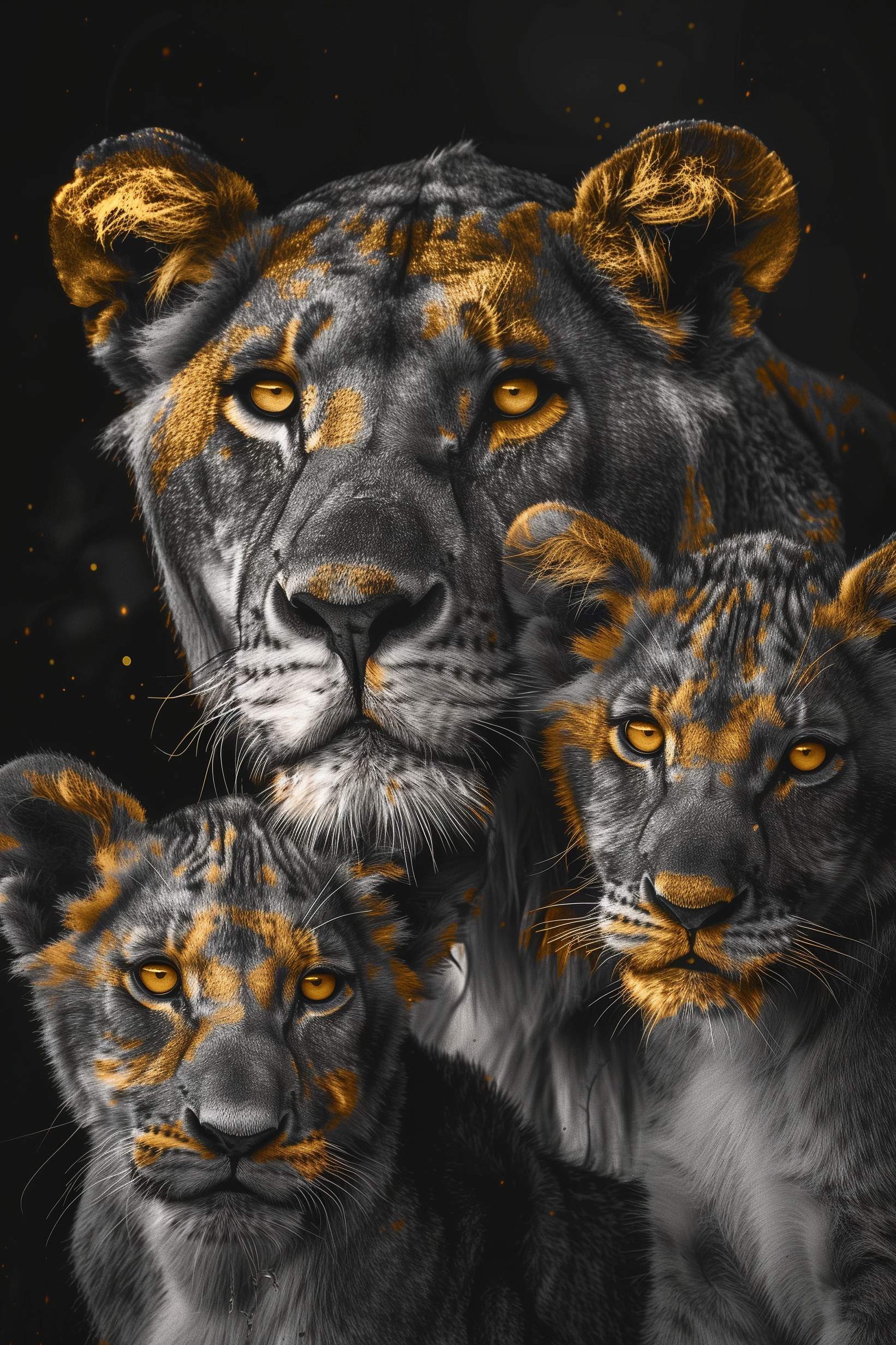 Glasschilderij - Exclusive - Staand - Leeuwenfamilie Moeder en 2 Welpjes Leeuwenhart - Gouden Eeuw Serie 100x150x0.4 cm