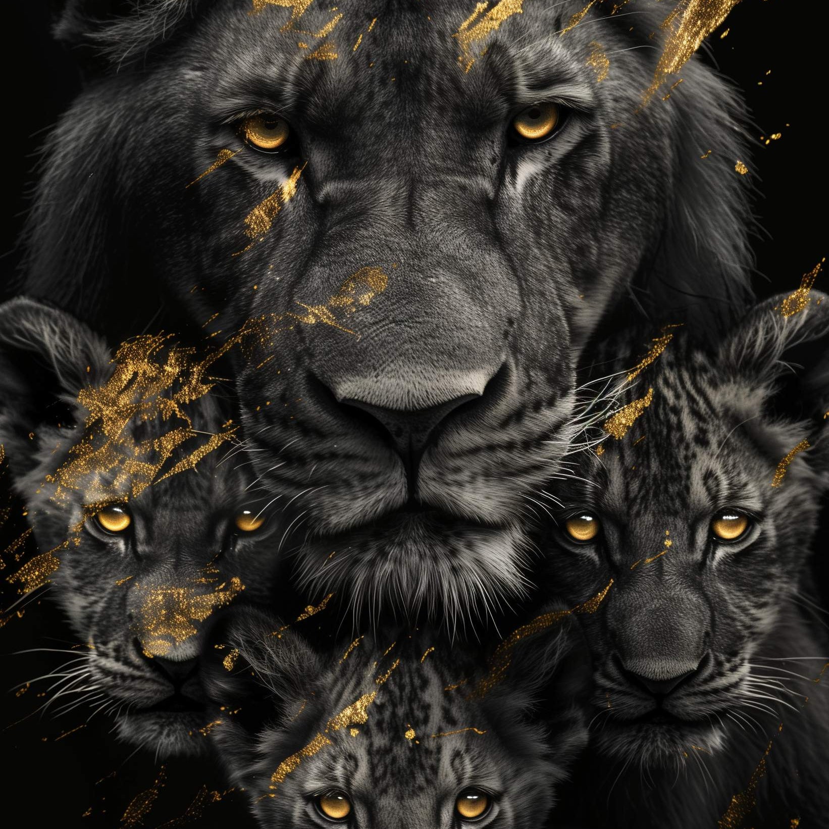 Glasschilderij - Exclusive - Staand - Leeuwenfamilie Moeder 3 Welpen Victoria - Gouden Eeuw Serie 100x150x0.4 cm