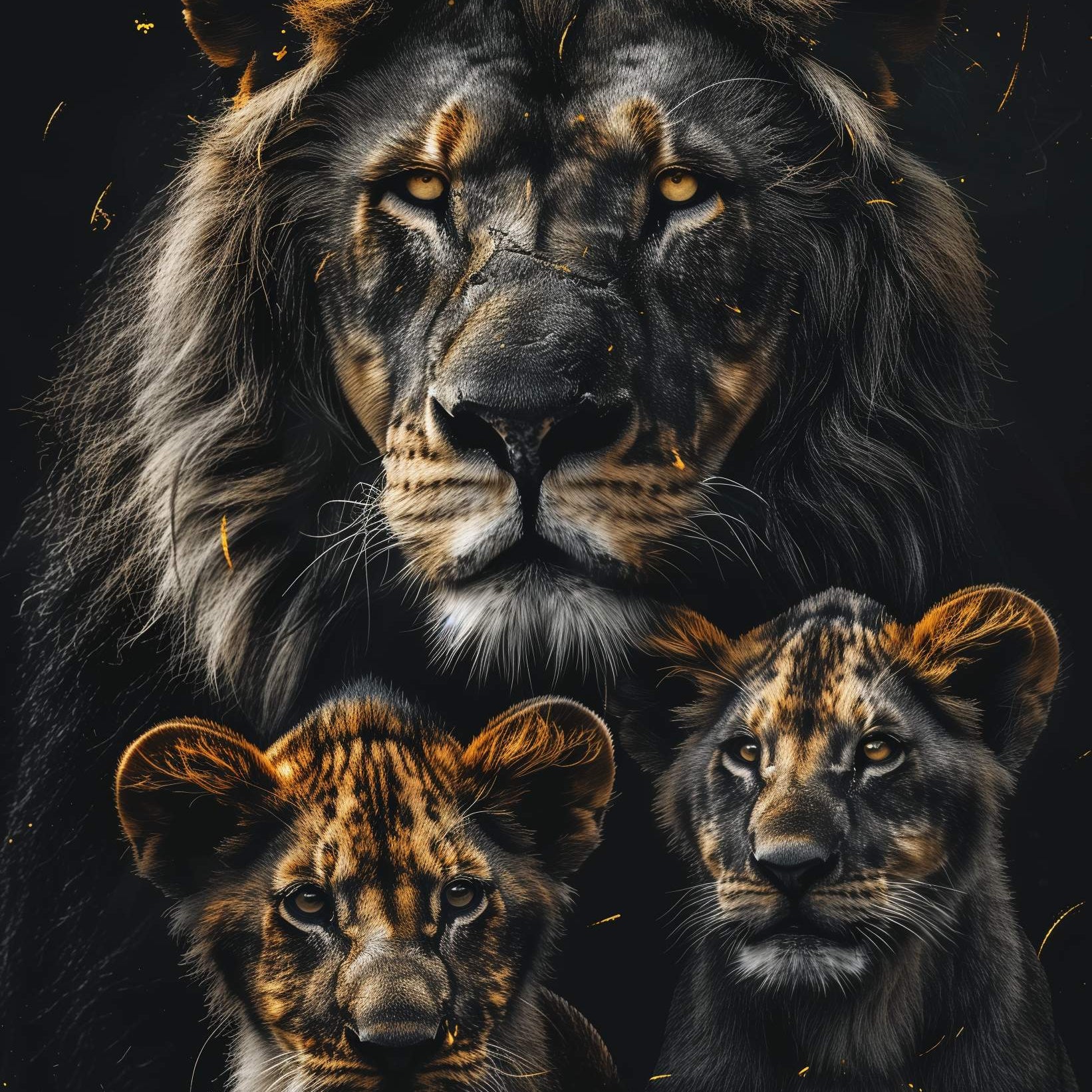 Glasschilderij - Exclusive - Staand - Leeuwenfamilie 2 Welpjes, Riley - Gouden Eeuw Serie 100x150x0.4 cm