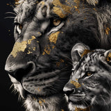 Glasschilderij - Exclusive - Staand - Leeuwenfamilie 1 Welpje Wildhart - Gouden Eeuw Serie 100x150x0.4 cm