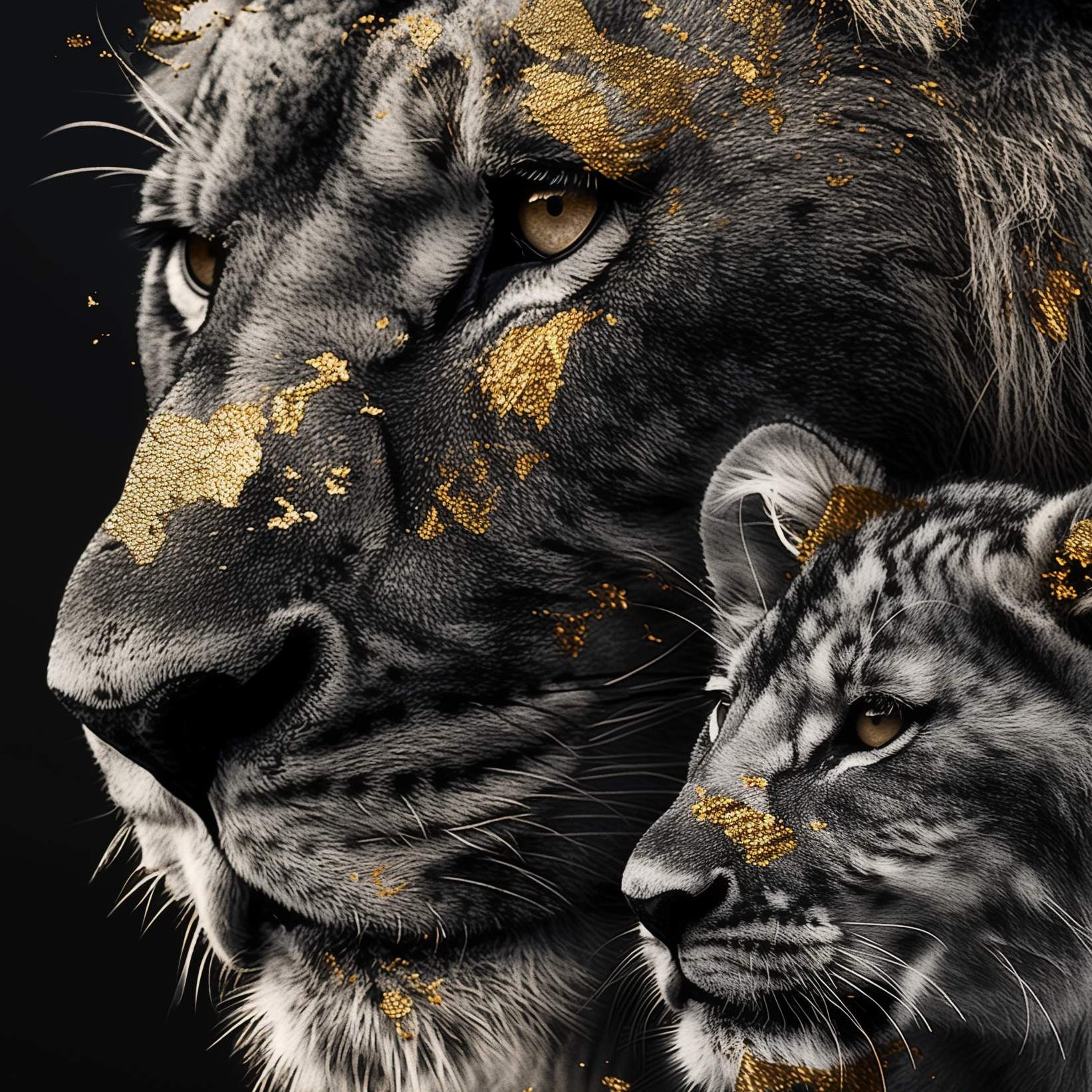 Glasschilderij - Exclusive - Staand - Leeuwenfamilie 1 Welpje Wildhart - Gouden Eeuw Serie 100x150x0.4 cm