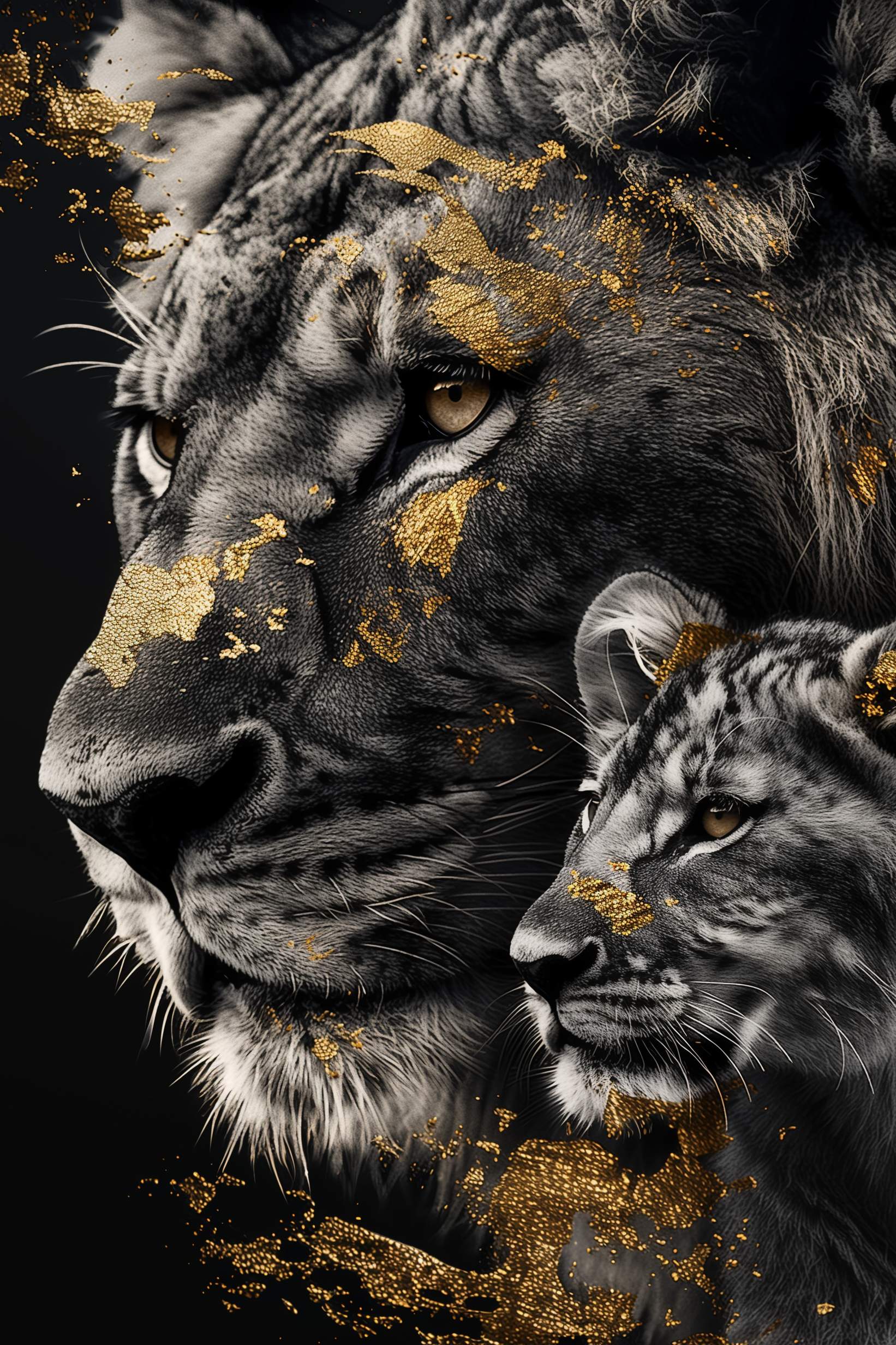 Glasschilderij - Exclusive - Staand - Leeuwenfamilie 1 Welpje Wildhart - Gouden Eeuw Serie 100x150x0.4 cm