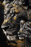 Glasschilderij - Exclusive - Staand - Leeuwenfamilie 1 Welpje Wildhart - Gouden Eeuw Serie 100x150x0.4 cm