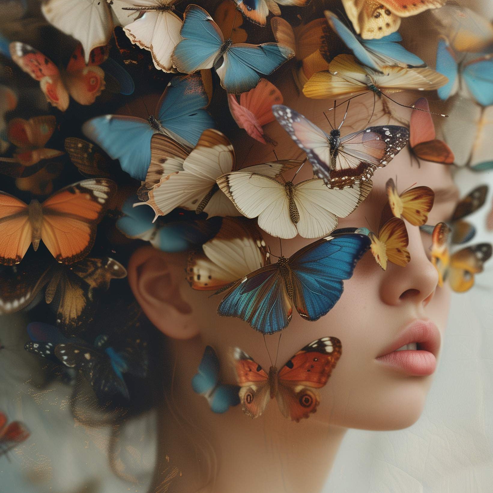 Glasschilderij - Exclusive - Staand - Vrouw met Vlinders Aubrey 100x150x0.4 cm