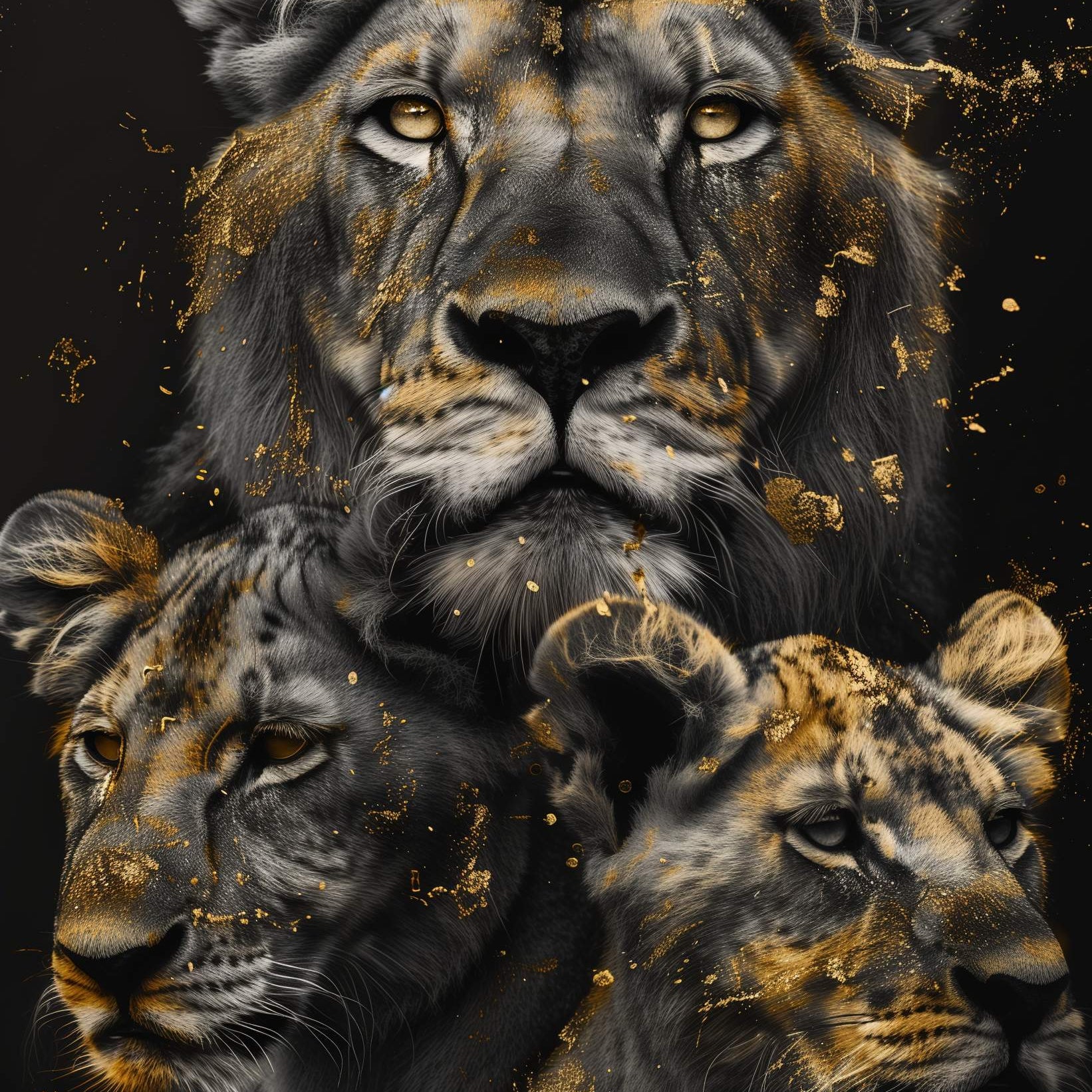 Glasschilderij - Exclusive - Staand - Leeuwenfamilie Moeder 2 Welpjes, Grace - Gouden Eeuw Serie 100x150x0.4 cm