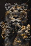 Glasschilderij - Exclusive - Staand - Leeuwenfamilie Moeder 2 Welpjes, Grace - Gouden Eeuw Serie 100x150x0.4 cm